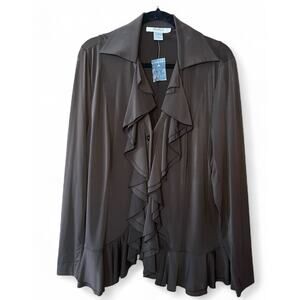 AVENUE By Jessica London Sz 16 Brown Ruffle Front Button Up Blouse Stretchy